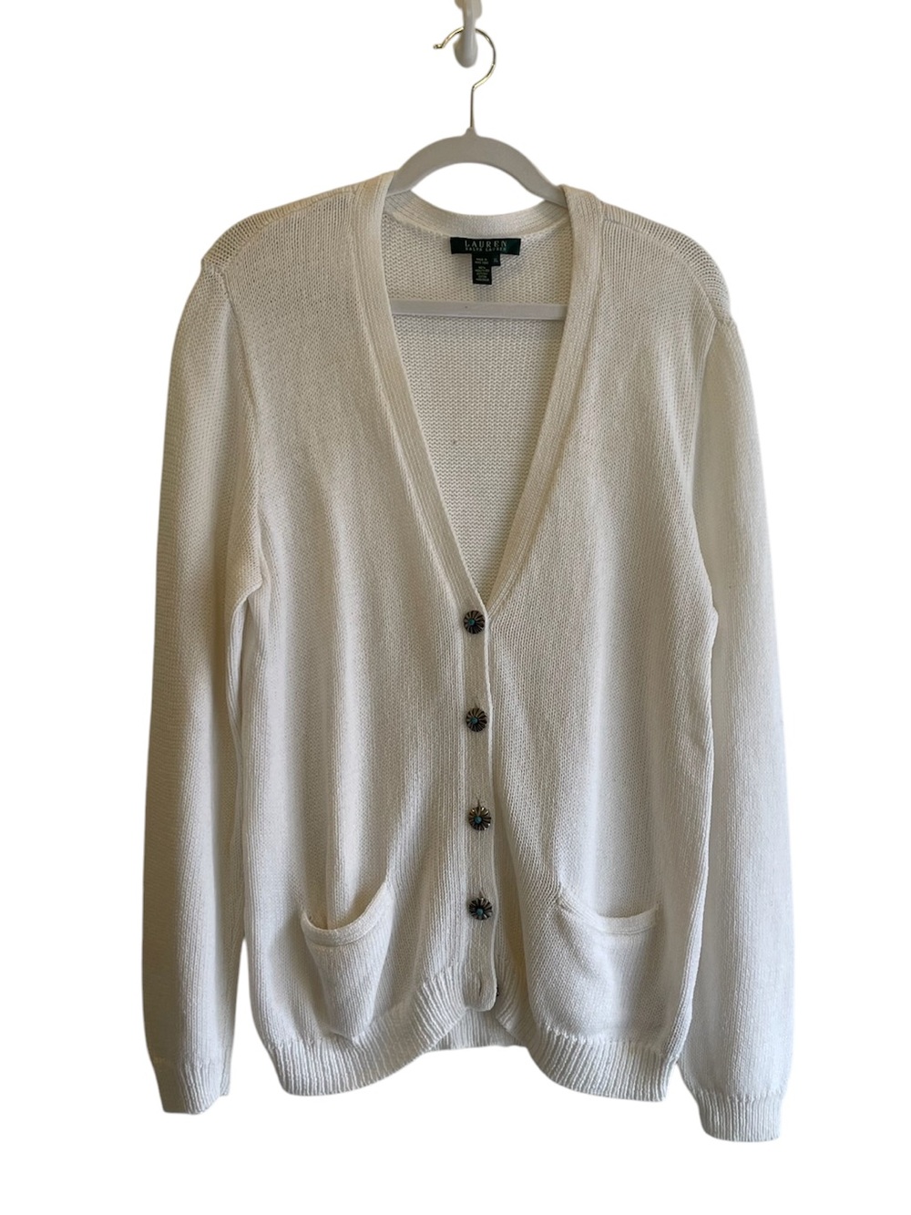 Lauren Ralph Lauren White Cardigan Sweater with Silver Turquoise Button